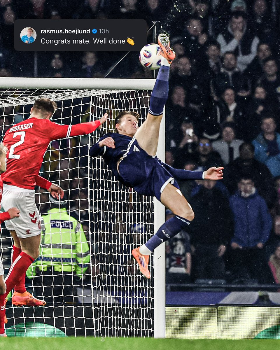 Rasmus Højlund congratulated teammate Scott McTominay on social media after Scotland beat Denmark to qualify for the World Cup 📲