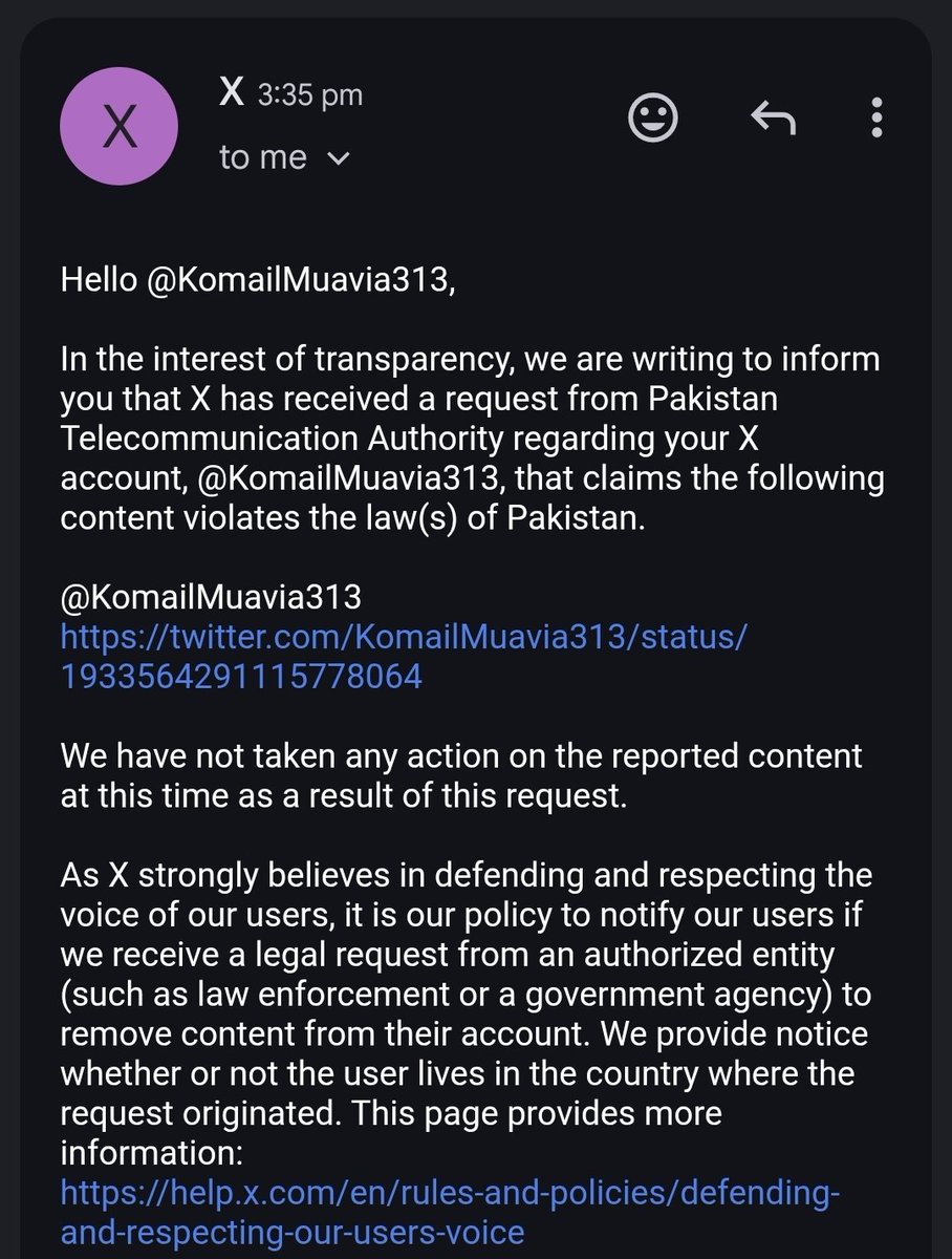 KomailMuavia313's tweet image. آج مجھے X یعنی ٹویٹر کی جانب سے یہ میل موصول ہوئی کہ PTA کی جانب سے آفیشلی یہ شکایت لگائی ہے جس میں کہا گیا ہے کہ یہ ٹویٹ پاکستان کی پالیسیز کے خلاف ہے۔

کوئی بتائے گا کہ ایران کی مکاریوں سے آگاہ کرنا پاکستان کی پالیسی کے خلاف کیسے ہے؟

یہ ہمارے اداروں کو سوچنا چاہئیے کہ ان کی…