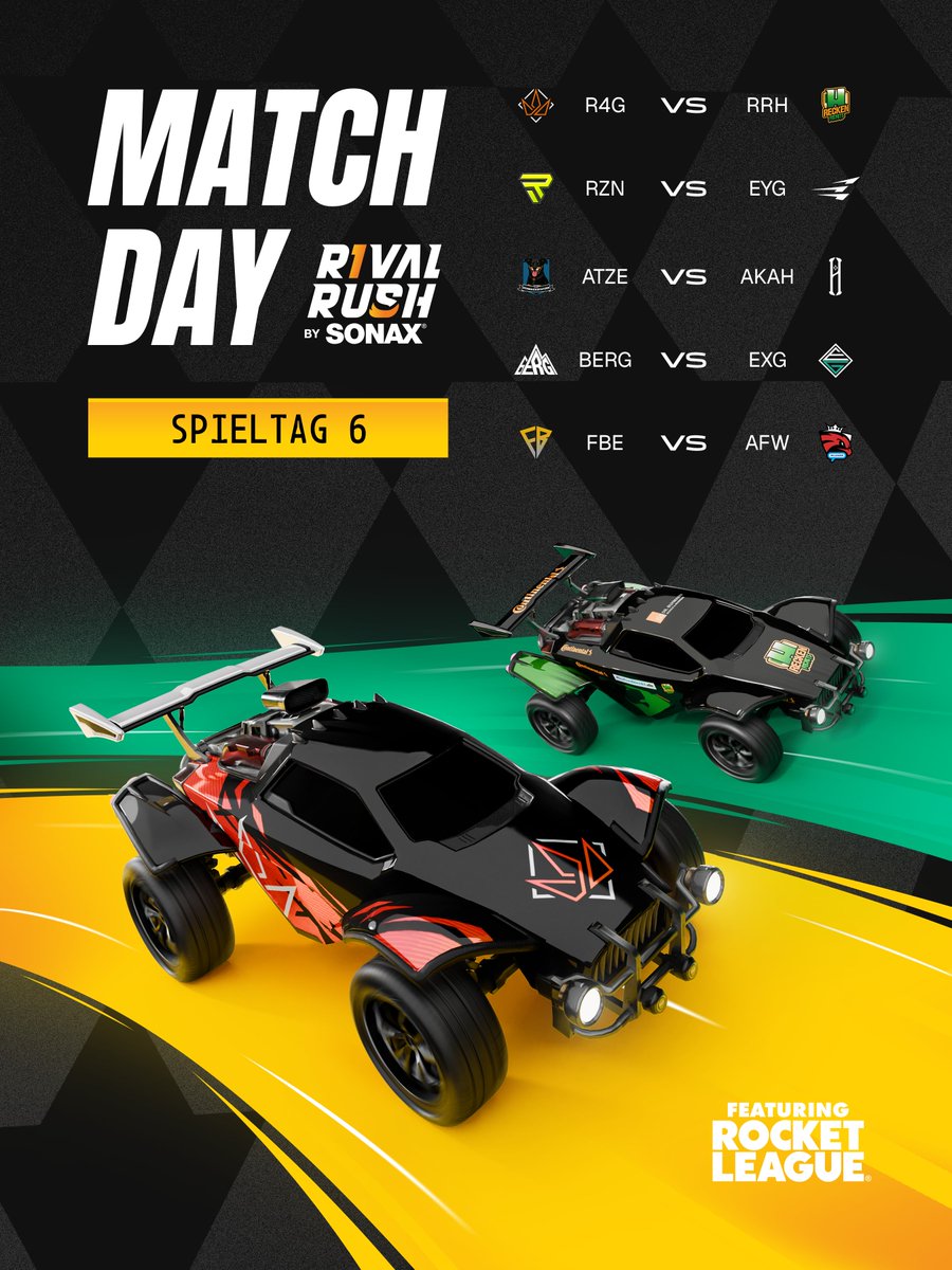 Heute ist Spieltag 6 angesagt 😼

18:30 <a href="/regnum4games/">regnum4games</a> vs <a href="/HNVR_Esports/">HNVR Esports</a> 
19:20 <a href="/RIZONDOTGG/">RIZON</a> vs <a href="/EntropyGaming/">Entropy</a> 
20:10 <a href="/SchmackofatzRL/">Die Schmackofatzen</a> vs <a href="/AKAHEROESPORT/">AKA HERO</a> 
21:00 <a href="/esportBERG/">BERG</a> vs <a href="/ExceptionalGM/">Exceptional Gaming</a> 
21:50 <a href="/FlybackEsports/">FlyBack eSports</a> vs <a href="/AustrianForce/">Austrian Force willhaben</a> #willhaben 

⏰ LIVE ab 18:10 Uhr