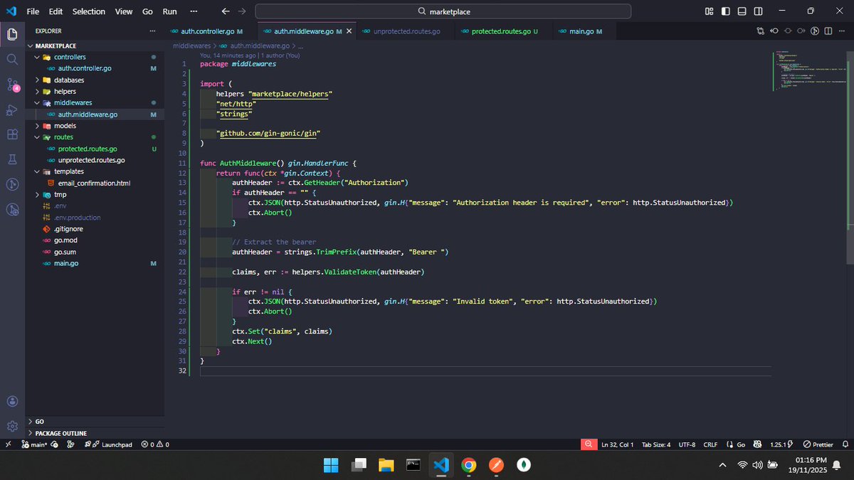 mkaychuks's tweet image. Authentication middleware to make sure there&apos;s a token in the request header.

#backend #golang #backendNewbie