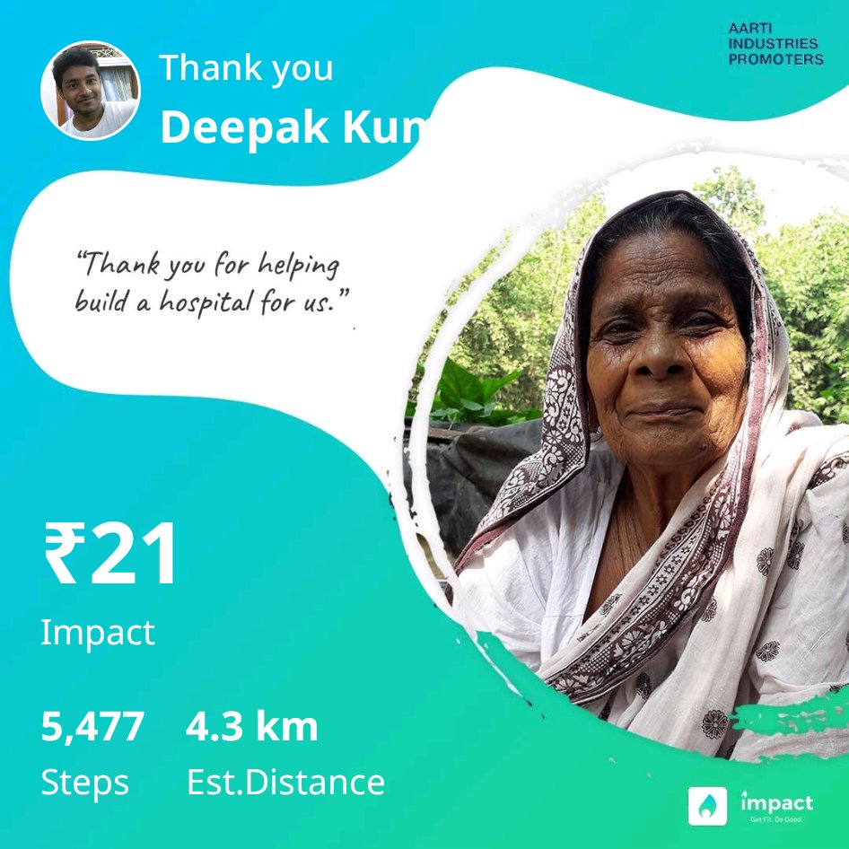 dksmech30's tweet image. I donated my steps to Bring medical aid to villages. Thanks to Aarti Industries Promoters for matching my steps with money. Impact app tracks steps and converts them into money for charity. Download now - page.impactapp.in