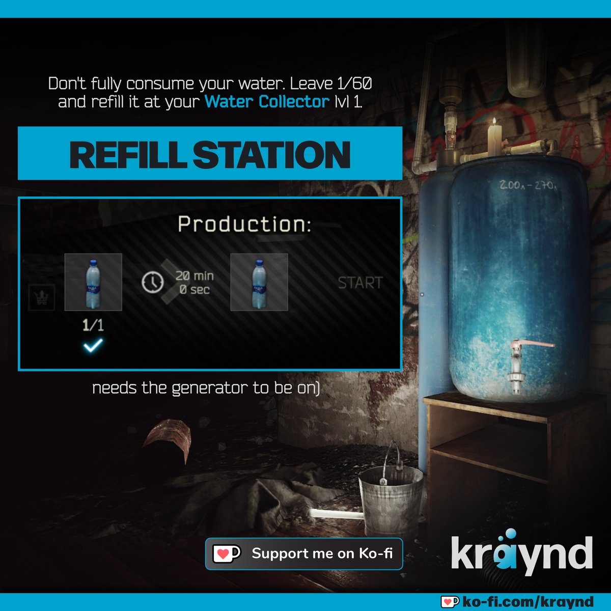 tarkovtips's tweet image. Don&apos;t empty your water. Leave 1/60 and re-fill the bottle (later) at the Water Collector in your hideout.
Reminder: crafting boosts your hideout skills!