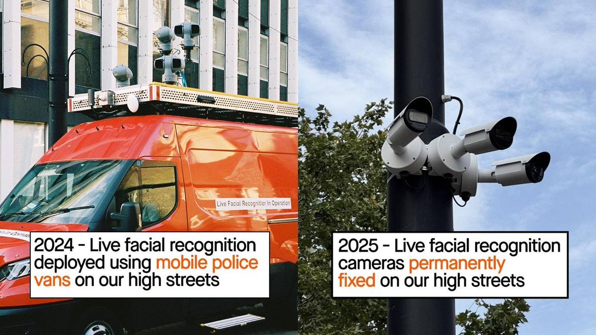 BigBrotherWatch's tweet image. ⚠️Live facial recognition alert: Today, police are using this Orwellian tech in #Croydon

This is the first borough in London to be permanently wired with FIXED facial recognition cameras, meaning anyone who enters the area is subject to intrusive ID checks.

We did not consent…