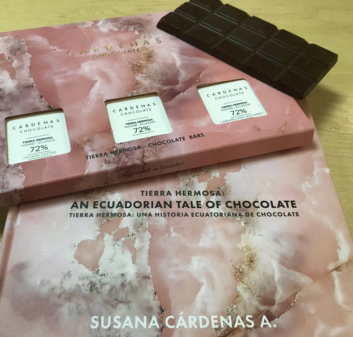 Three beautiful bars and a beautiful book, all by ⁦<a href="/SusanaCardenasO/">Susana Cárdenas A.</a>⁩ and all celebrating Ecuador, the land she loves, and the wonderful cacao that grows there