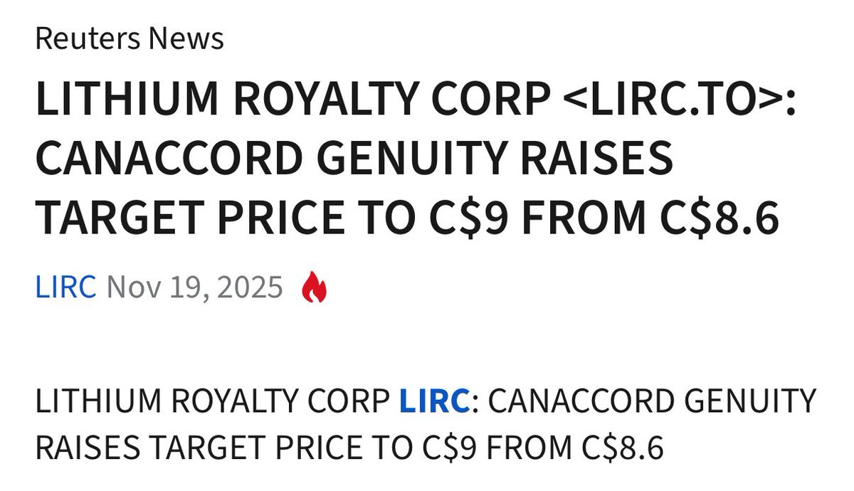 🔋🔋LITHIUM ROYALTY CORP

$LIRC gets a price target upgrade to C$9. 

With a rising lithium price and positive news from the likes of $SGML - looks good to me. 

$DLI $CXO $FL.V #WR1 $QTWO $PMET $RIO