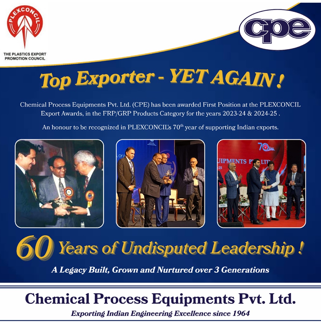 Plexconcil's tweet image. PLEXCONCIL congratulates Chemical Process Equipments Pvt. Ltd. (CPE) for securing First Position in the FRP/GRP Products category at the Export Excellence Awards for 2023–24 and 2024–25.

A proud moment and a remarkable achievement!