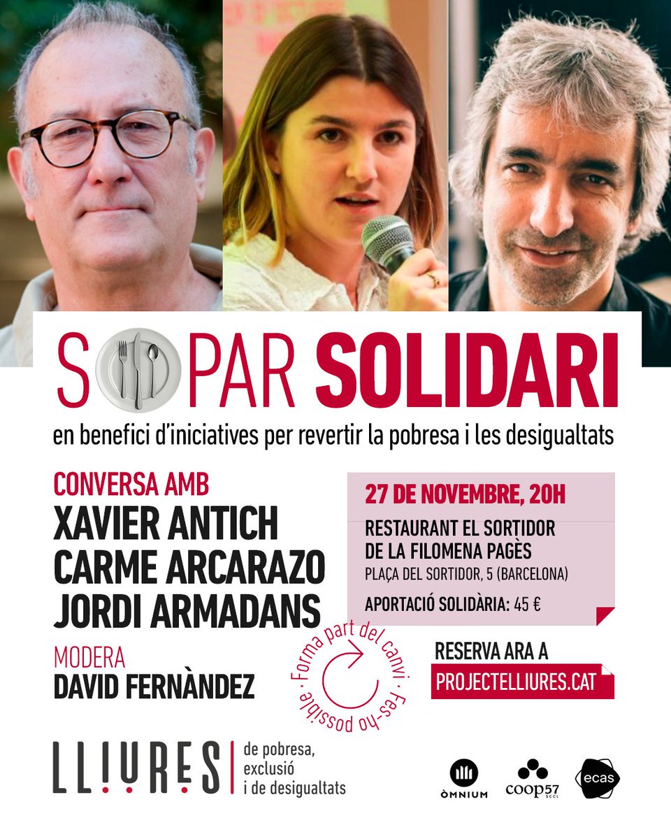 ❗ Últims dies per apuntar-t’hi!

Un sopar solidari per impulsar iniciatives contra la pobresa i les desigualtats, amb una conversa per entendre el país que som i el que volem ser.

🍽️ Dijous 27/11, 20 h – El Sortidor (BCN)

🎟️ Reserva la teva plaça: projectelliures.cat/sopar-solidari…