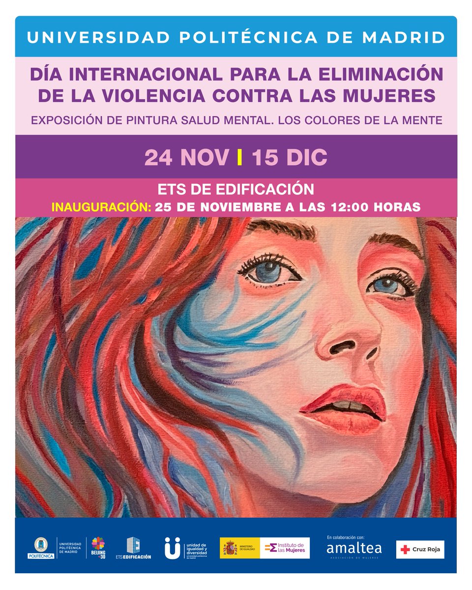 🎨 Exposición “Salud Mental. Los colores de la mente” en la UPM.
Reflexión artística sobre violencia de género y salud mental, con obras del Círculo de Pintores Solidarios.
📅Inauguración: 25 nov., 12:00 h
📍Vestíbulo Principal
🗓️Visitable del 24 nov. al 15 dic.
💜Compromiso UPM