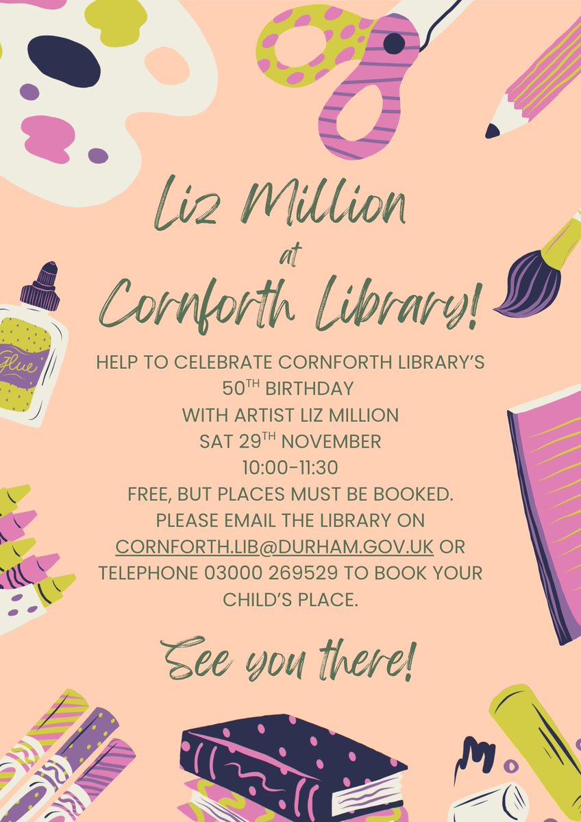 DurhamLibraries's tweet image. Cornforth Library is turning 50!
As part of the celebrations, we are holding a special drawing workshop with library favourite, author and illustrator Liz Million!
Please contact the library to book, as places are limited.
📞03000 269529
💻cornforth.lib@durham.gov.uk