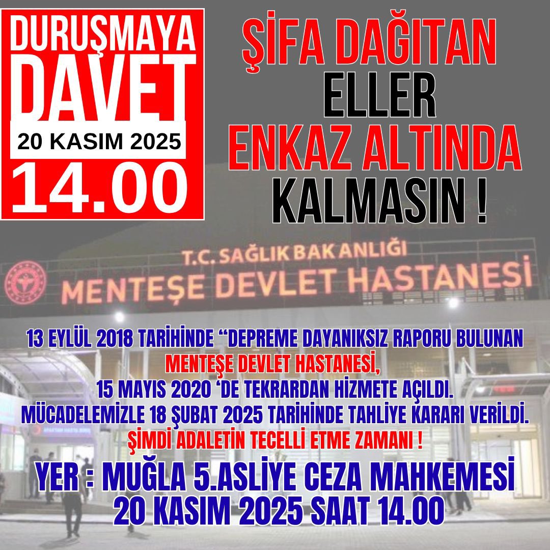 AbdullahGul79's tweet photo. ŞİFA DAĞITAN ELLER ENKAZ ALTINDA KALMASIN… 
Devletin makamları halka hizmet için var. Rantlara peşkeş çekilsin diye değil. İhmaller zincirinde sorumluluğu olanlar için hesap verme günü. Menteşe Devlet Hastanesini depreme dayanıksız raporunu dümen altı yapıldı. Yıkım kararı olan hastaneye tüyü bitmemiş yetimin hakkını yıkılacak harabeye yatıranlar, adalet önünde… ikinci duruşma 20 Kasım 2025 Muğla Adliyesi. Eninde sonunda hak yerini bulacak. 
@ismailsaymaz @timursoykan @merilowberil @essturann @kenan_gurbuz @tameryazar @mkuzuguden46
