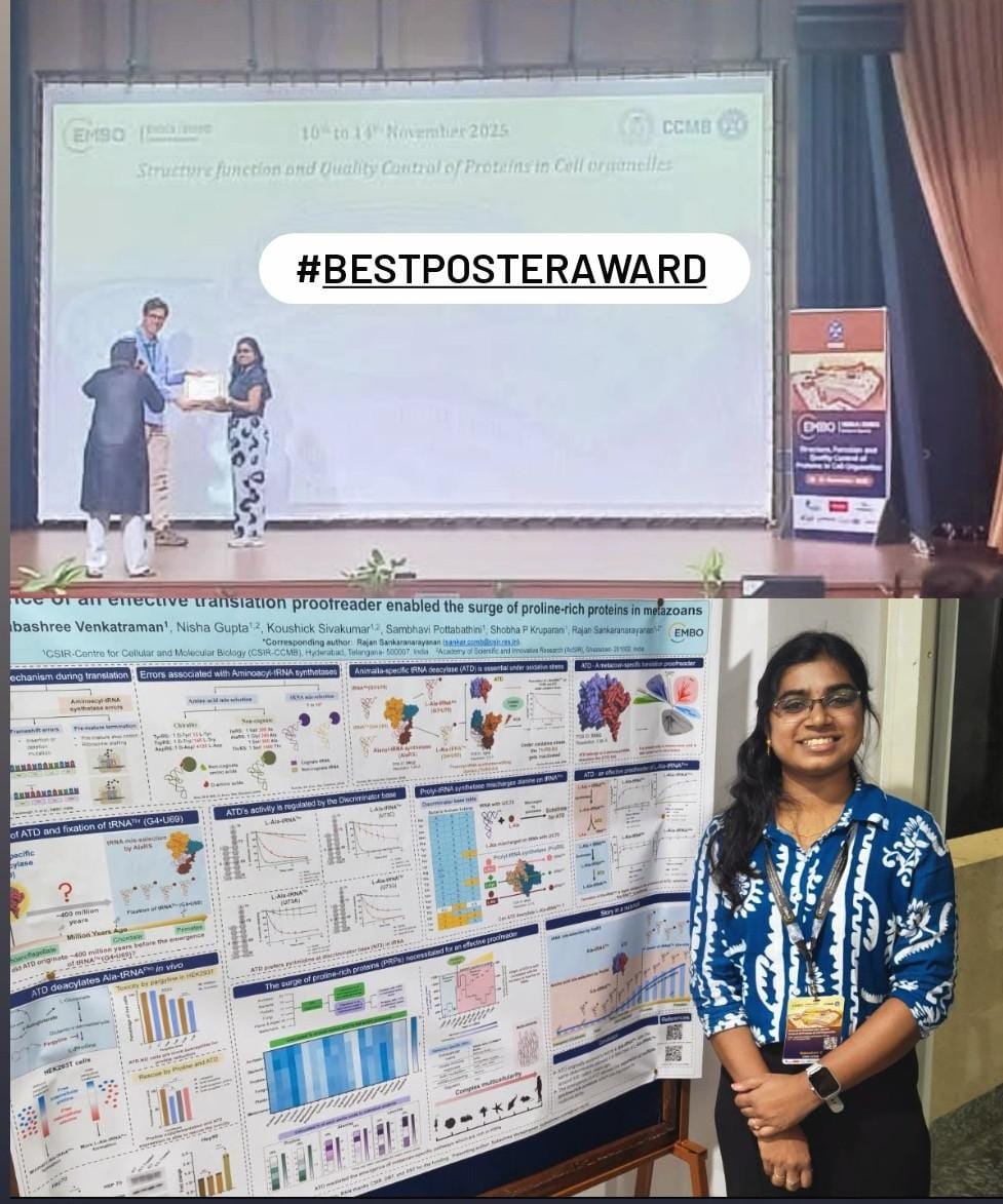 subashree_33's tweet image. @EMBO lectures were truly inspiring, happy to be a part of it from @Sankar_Lab, delighted to bag the best poster award held at @ccmb_csir.
Excited for what&apos;s ahead!!!✨ 

#EMBOCCMB25 #bestposteraward #Researchpresentation  #ProudMoment