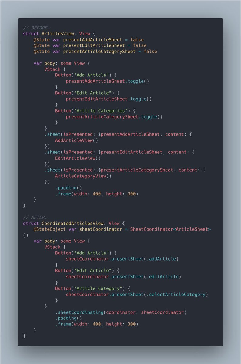twannl's tweet image. Presenting multiple sheets can easily result in a lot of boilerplate code. By creating a sheet coordinator, you can reuse sheets, reduce code within views, and present sheets from within others.
avanderlee.com/swiftui/presen…    

#swiftlang #iosdev