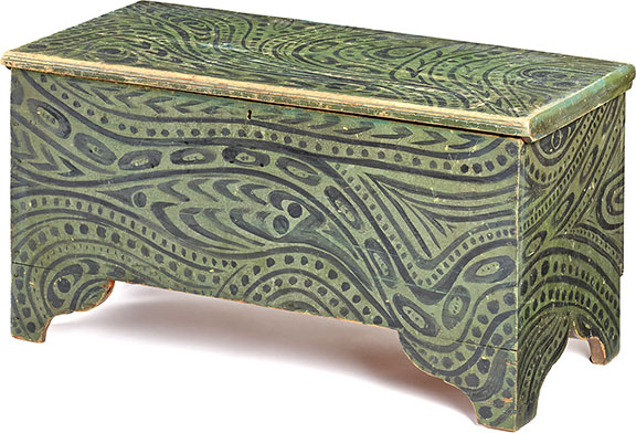 AntiqueDigest's tweet image. Vermont painted pine blanket chest, early 19th C, initialed “J.C.H.” on the back &amp;amp; retaining its original black and green swirl decoration, 20" x 36¼", sold for $17,920 (e $4000/6000) at Pook &amp;amp; Pook maineantiquedigest.com/stories/thurmo… #antiques #antique #vermont #folkart #furniture #chest