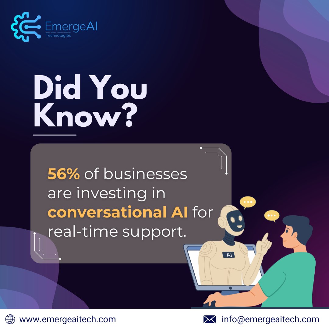 EmergeAI_Tech's tweet image. 𝐃𝐢𝐝 𝐘𝐨𝐮 𝐊𝐧𝐨𝐰?

A massive 𝟓𝟔% 𝐨𝐟 𝐛𝐮𝐬𝐢𝐧𝐞𝐬𝐬𝐞𝐬 are now investing in conversational AI to deliver real-time, always-on support.

In a world where customers expect answers instantly, conversational AI isn’t just a tech upgrade —
it’s becoming a 𝐜𝐨𝐫𝐞…