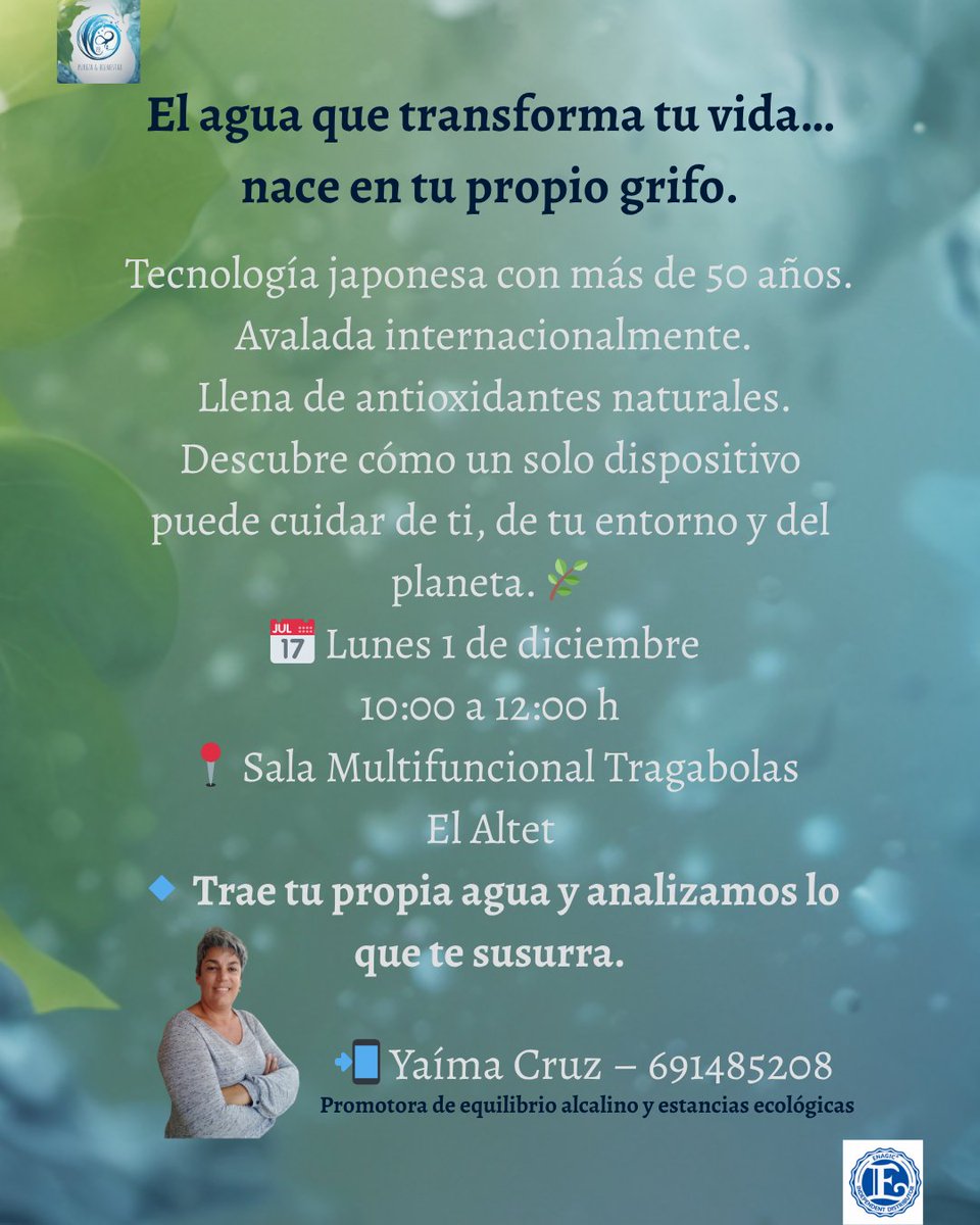 AlonsoYaima's tweet image. Cierra el año volviendo al origen.

El lunes 1 de diciembre te espero en El Altet para descubrir la tecnología japonesa del agua Kangen, con más de 50 años, que transforma el agua del grifo en un manantial lleno de antioxidantes naturales.

Escríbeme y reserva tu plaza.