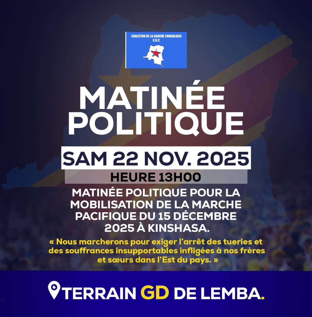AdonisKabuya_'s tweet photo. 🇨🇩 APPEL À LA MOBILISATION 
MATINÉE POLITIQUE À LEMBA
Congolaises, Congolais de Kinshasa.
L’heure est venue de nous rassembler pour porter haut la voix de nos frères et sœurs qui souffrent à l’Est du pays.
Ce samedi 22 novembre 2025 à 13h00. @kabund_jmkkrock @BenitaNtumba https://t.co/Qvf6kSb6DY