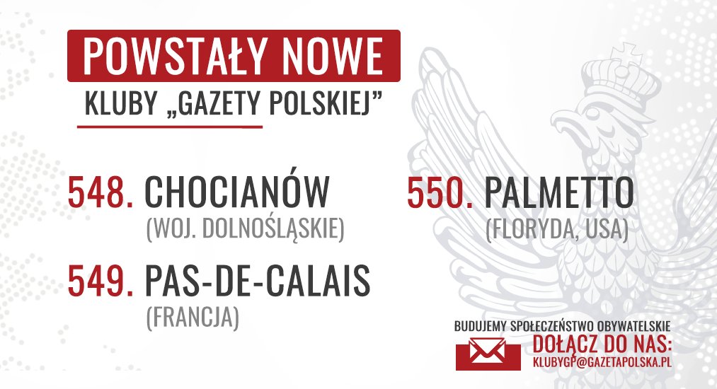 📢 Powstały nowe <a href="/KlubyGP/">Kluby "Gazety Polskiej"</a>📢

◉ CHOCIANÓW (woj. dolnośląskie) - 𝟱𝟰𝟴. Klub „Gazety Polskiej"
◉ PAS-DE-CALAIS (FRANCJA) - 𝟱𝟰𝟵. Klub „Gazety Polskiej"
◉ PALMETTO (FLORYDA, USA)) - 𝟱𝟱𝟬. Klub „Gazety Polskiej"

🖊️ Dołącz do Nas:  KlubyGP@GazetaPolska.pl 📩