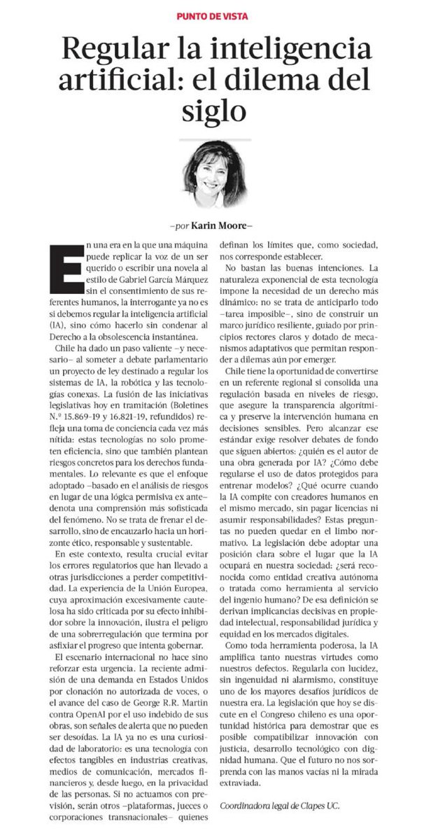 [COLUMNA <a href="/latercera/">La Tercera</a>] "Regular la inteligencia artificial: el dilema del siglo".

Nuestra coordinadora legal <a href="/MooreKarin/">Karin Moore</a> advirtió que Chile debe regular la #InteligenciaArtificial con un enfoque basado en riesgos, evitando la sobrerregulación que frena la innovación. Señaló que es