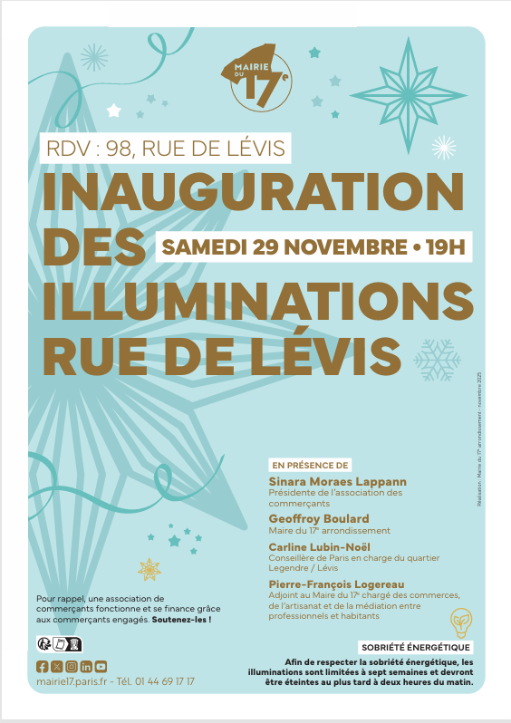 🎄 Inauguration des illuminations de #levisvillage le 29/11 à 19h, 98 rue de Lévis #paris17  🎄
Musique live, vin chaud et magie de Noël avec <a href="/geoffroyboulard/">Geoffroy Boulard</a> et les élus <a href="/Mairie17/">Mairie du 17e</a>.
Venez nombreux partager ce moment féerique avec nous ! #NoëlàLévis