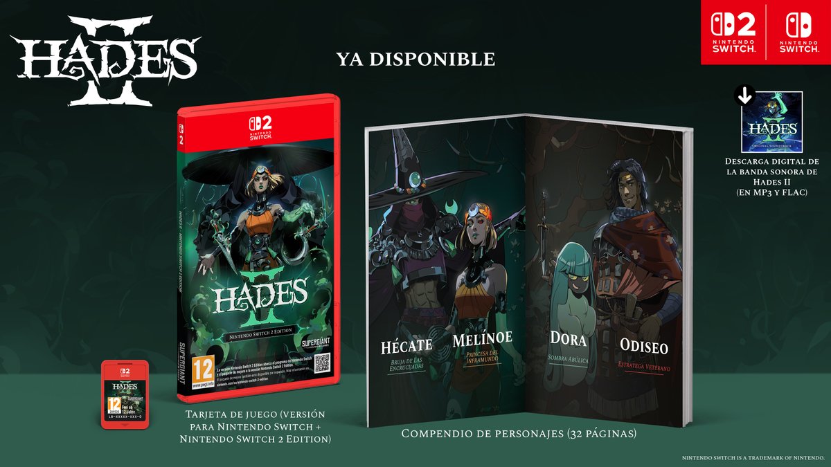 Ya está disponible la versión en formato físico de Hades II, que incluye:

🔁 Una carátula reversible
🎨 Un compendio de personajes
🔊 La banda sonora en formato digital

¡Y una tarjeta de juego que contiene la versión para #NintendoSwitch + #NintendoSwitch2 Edition!
