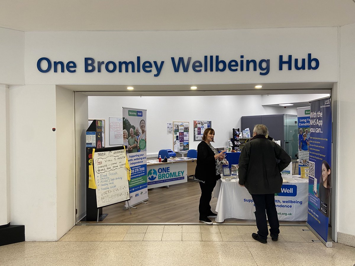 Make sure to drop in today and get your free health pack, get a Vital 5 check and find out more about the health services in Bromley. We’re at the One Bromley Wellbeing Hub in <a href="/TheGladesBrom/">The Glades, Bromley</a> now until 5pm!

<a href="/BTSEorg/">BTSE</a> <a href="/BromleyWell/">Bromley Well</a> <a href="/CitizensAdvice/">CitizensAdvice</a> <a href="/ClearCommunity/">ClearCommunityWeb</a> <a href="/HWBromley/">Healthwatch Bromley</a>