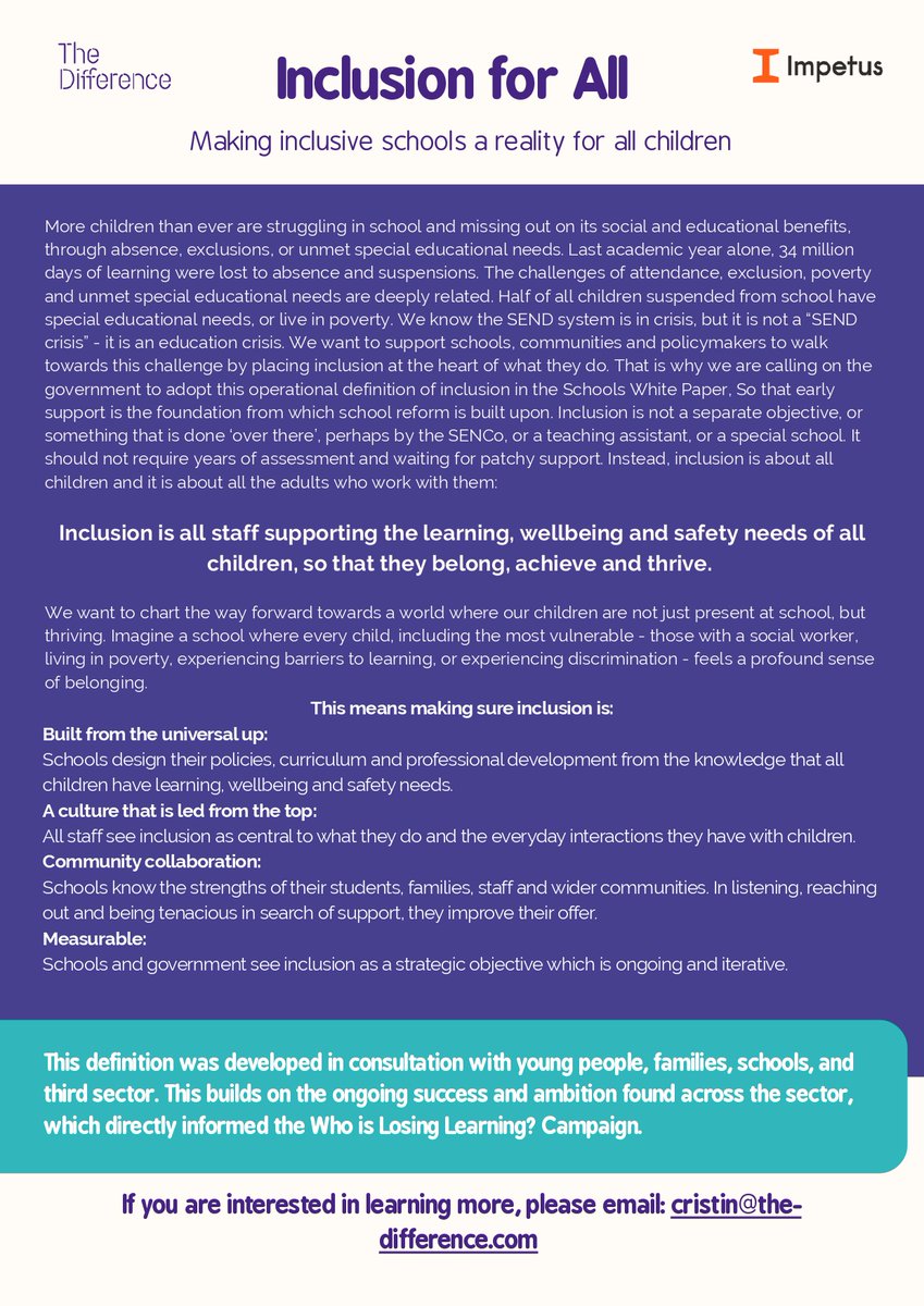 EsmeeFairbairn's tweet image. Proud to join @TheDifferenceEd, @ImpetusUK, and the growing list of schools and trusts backing #InclusionForAll. Looking forward to joining Inclusion for All supporters at #IncludEd2026.

Find out more and book your tickets for the event now: the-difference.com/included-2026/