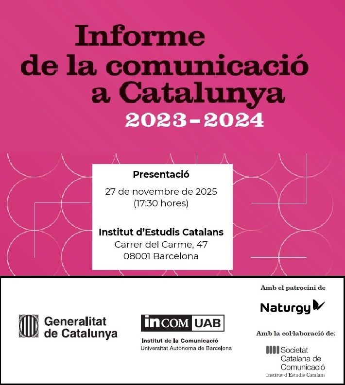 El proper dijous a l’<a href="/iec/">IEC</a> es farà la presentació de l’Informe de la comunicació a Catalunya 2023-2024, editat per la <a href="/gencat/">Generalitat de Catalunya</a> i l’<a href="/incomuab/">InCom-UAB. Institut de la Comunicació</a> de la <a href="/UABBarcelona/">Universitat Autònoma de Barcelona</a>. Minut 8’10 de L’<a href="/altraradio/">L'altra ràdio</a> de <a href="/radio4_rne/">radio4_rne</a> a rtve.es/play/audios/la…