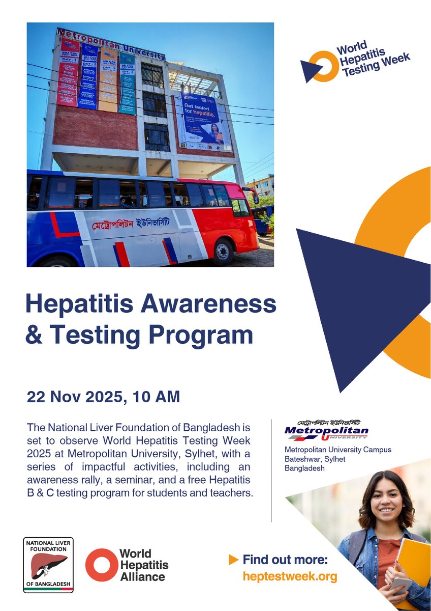 bd_liver's tweet photo. The @bd_liver  is set to observe World Hepatitis Testing Week 2025 at Metropolitan University, Sylhet, with a series of impactful activities, including an awareness rally, a seminar and a free Hepatitis B &amp; C testing program for students and teachers.
#HepTestWeek https://t.co/1RdZHA2etC