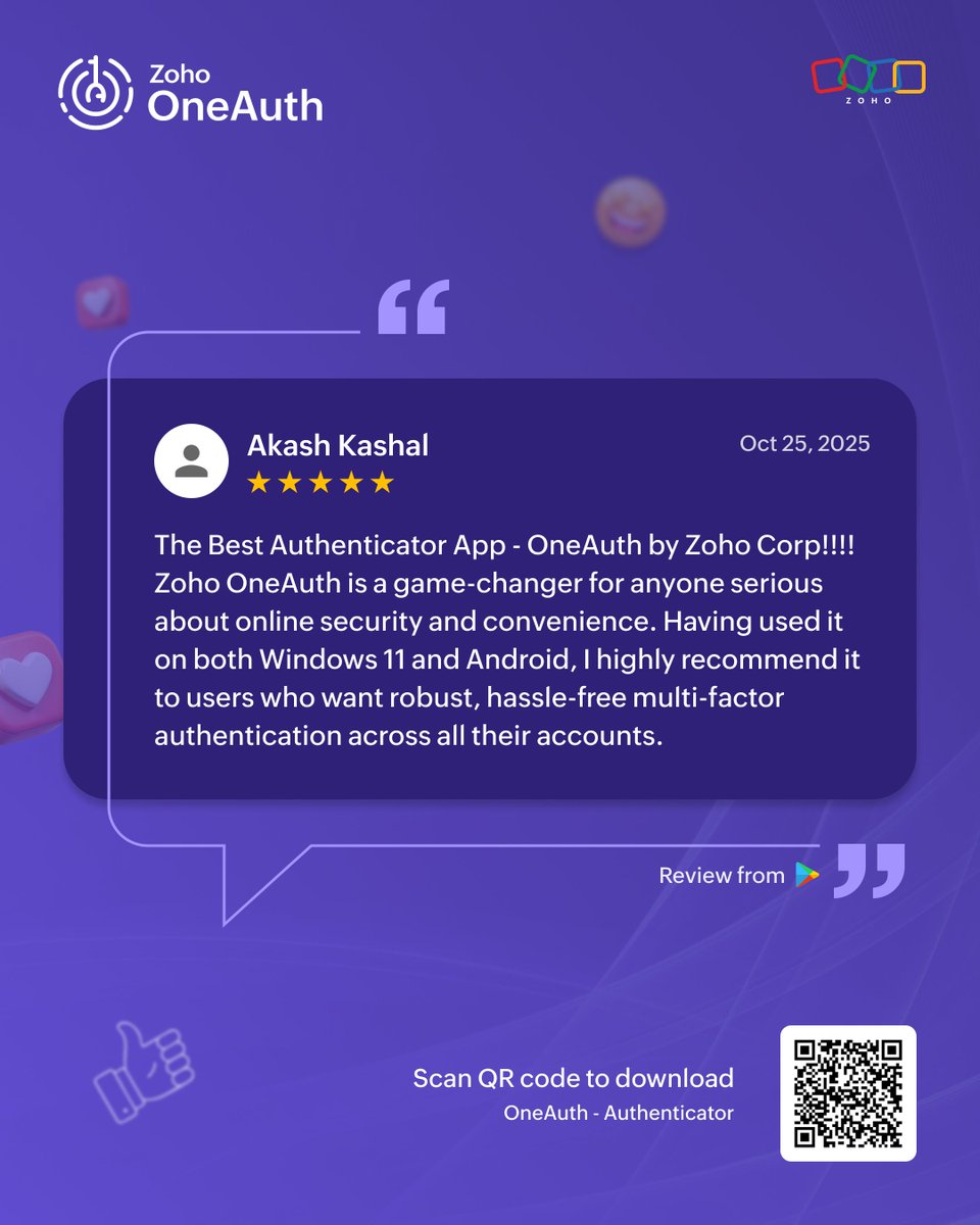 They tried it &amp; loved it. Now it’s your turn! 💬

Zoho OneAuth isn’t just for your Zoho accounts - set up MFA for your Zoho and other online accounts too with OneAuth today!

Try now: zurl.co/f9GuN 

#ZohoOneAuth #Zoho