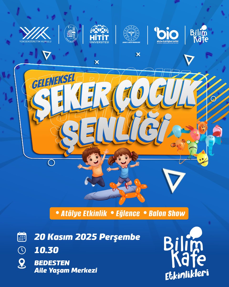 Bilim Kafe etkinlikleri “Şeker Çocuk Şenliği” ile devam ediyor.📢

Diyabetli çocuklar ve aileleriyle buluşuyoruz.🤗
 
🗓️ 20 Kasım 2025 Perşembe
🕥10.30
 📍  Bedesten – Aile Yaşam Merkezi 
 
 #HititÜniversitesi <a href="/ProfAliOzturk/">Ali Osman Öztürk</a> <a href="/bilimiletisimio/">Bilim İletişimi Ofisi</a>