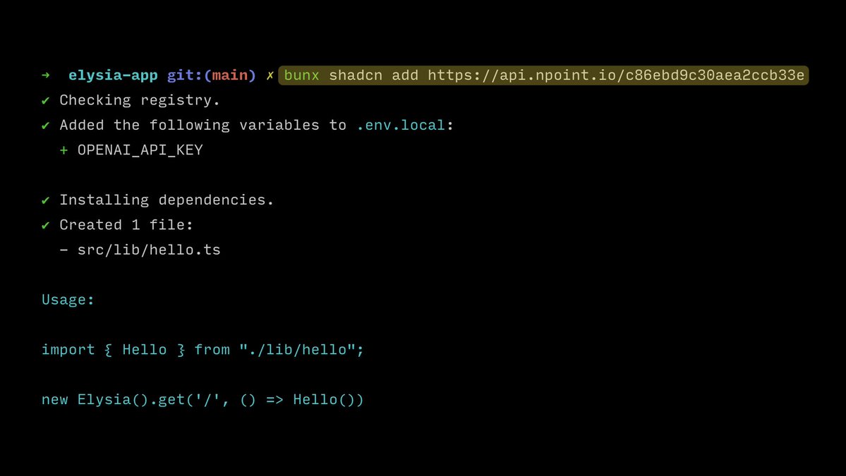 shadcn's tweet image. You can distribute any code with the registry + cli. Here&apos;s an example: 

✔️ Adds ai, ai-sdk/openai and elysia as deps
✔️ Adds a new function to stream code
✔️ Adds OPENAI_API_KEY to env vars
✔️ Comes with usage docs
✔️ Works with any framework

See payload:…