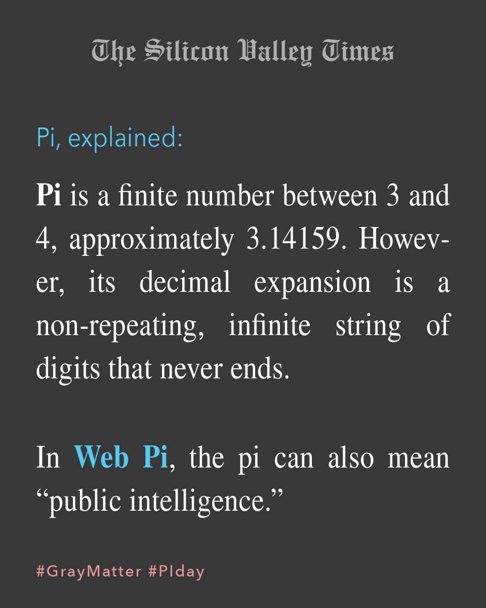 SiliconValley_x's tweet image. Pi is the ratio of a circle’s circumference to its diameter, and this ratio is a fixed value — but with never-ending, non-repeating decimal places.

In Web Pi, the pi can also mean “public intelligence.”

#GrayMatter #PIday