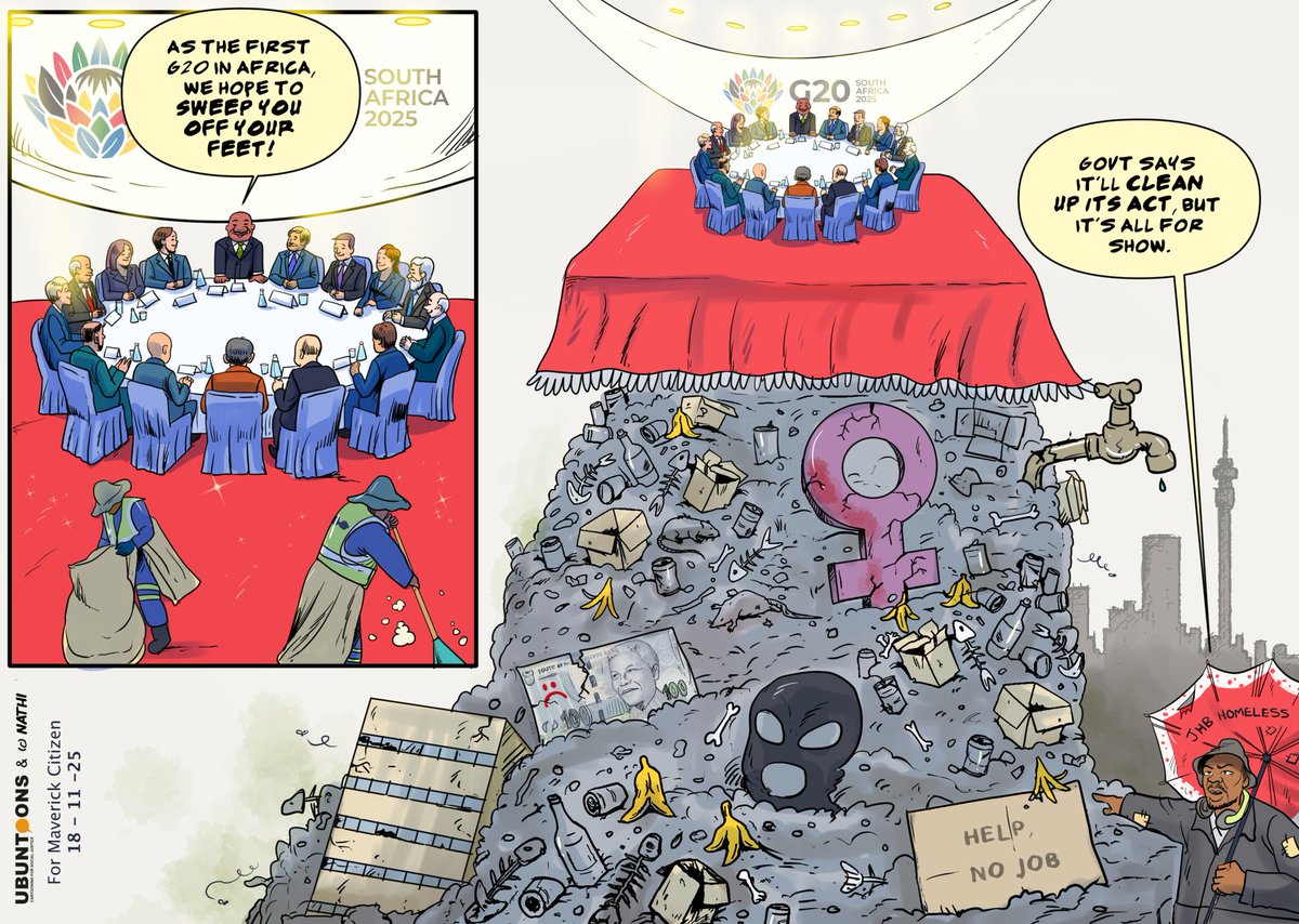 ThinkAheadComix's tweet photo. @Nkosinaartjie for @dailymaverick Citizen and @ubuntoons on the G20 Summit. 

As Africa hosts its first @g20org, we look beyond the spotless facade to the deep-seated challenges still sidelined for a global audience #G20SouthAfrica #G20 #g20summit #SouthAfrica https://t.co/0qvLp6l5mr