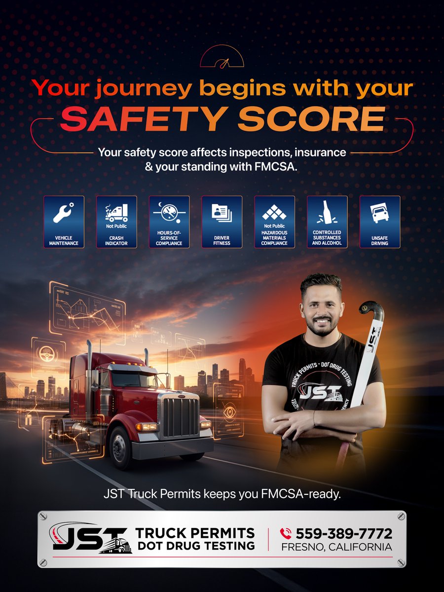 JstTruck's tweet image. A safer fleet starts with a stronger Safety Score.
Every mile reflects your commitment.
Stay ahead of violations. Stay ahead of FMCSA.
Stay safe, compliant, and unstoppable with JST by your side. 🚛🔥
#SafetyScore #FMCSACompliance #TruckingSafety #FleetSafety #DOTCompliance