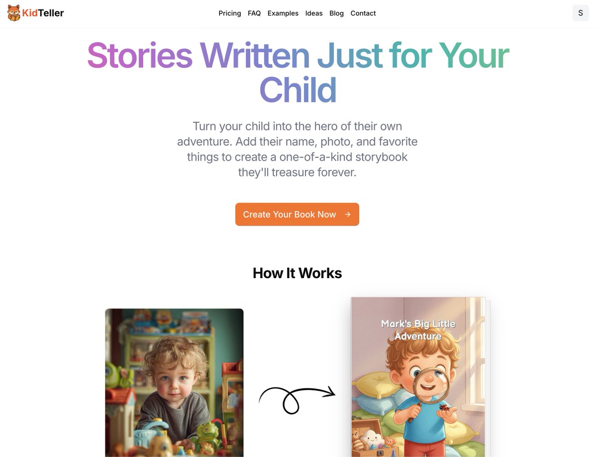 desunit's tweet photo. KidTeller is live on Product Hunt today - would love your support! ❤️

I came up with the idea as a dad of three. Getting kids to do anything is hard. Talking doesn’t always work… but stories do. They teach, and kids actually listen.

That’s how KidTeller was born. It turns your child into the hero of their own story with their name and look. You just add a few details, pick a theme, and the story builds itself. You can tweak the text, change the pictures, and get a digital book instantly. And if you want, you can order a printed book delivered right to you.
