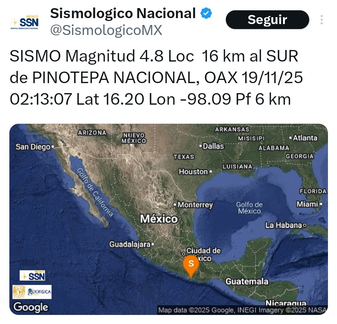 🔴🚨📢 Se registran sismos en la costa de Oaxaca durante la noche y está madrugada 🚨📢

Oaxaca. Según reporte del sismológico nacional durante la noche del martes y madrugada del miércoles, se registraron sismos superiores a los 4 grados entre Puerto Escondido, Pinotepa y