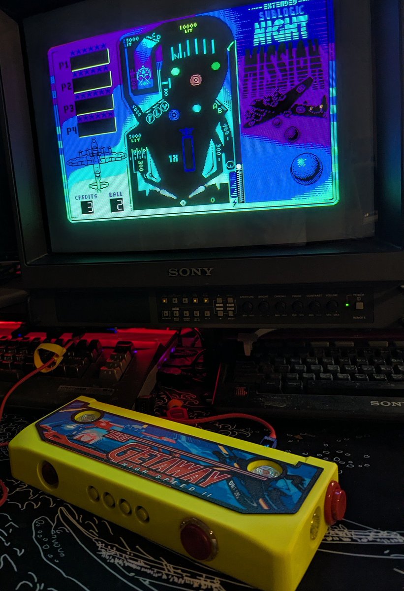 Clive_Frog_2_0's tweet image. Night Mission #Pinball remake for the #C64 via #MisterFPGA.

The controller to keyboard remap  feature in the MiSTer was used to easily map keyboard keys to the #GP2040CE pinball controller. 
The GP2040 board can also be set to keyboard mode and remapped accordingly, instead of…