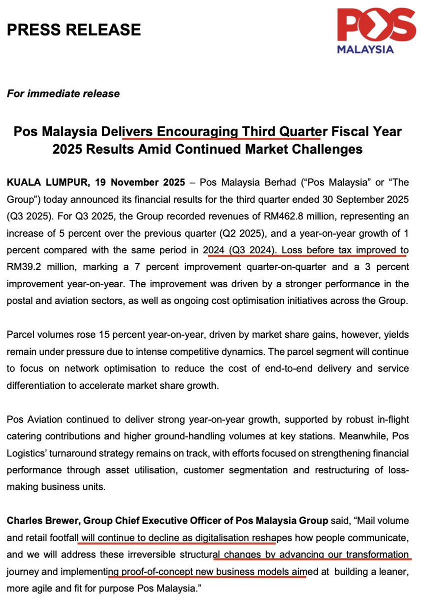azha_investing's tweet image. Pos Malaysia 3Q earnings, masih rugi. 

•3Q 2025 net loss is RM45.2m almost same as RM45.4m in 2Q
•Total 9 mth loss is RM133m higher compared to RM127m in 2024
•29 straight quarters of losses, or more than 7 yrs. 
•Pos said the results “encouraging” (refer press release.