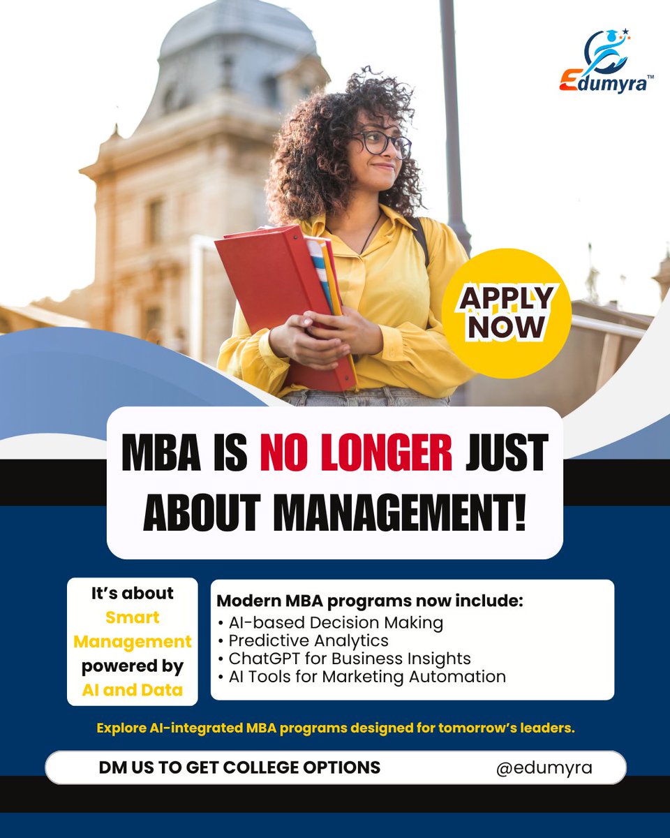 edumyraofficial's tweet image. MBA isn’t just about management anymore — it’s about mastering AI, data, automation, and real-time decision-making.

Are you ready to be one?

DM us to explore AI-powered MBA programs that build tomorrow’s leaders.

#MBAwithAI #SmartManagement #FutureOfMBA  #Edumyra