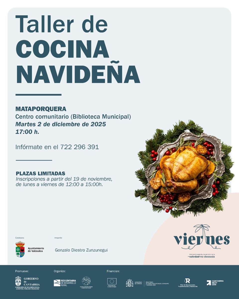 ProgramaViernes's tweet image. Abrimos inscripciones para los talleres de cocina navideña en #LaPoblación y #Mataporquera. Os esperamos el 1 y el 2 de diciembre para degustar los sabores de la Navidad. Más información en programaviernes.com. #CampooLosValles #SoledadNoDeseada #Prevención