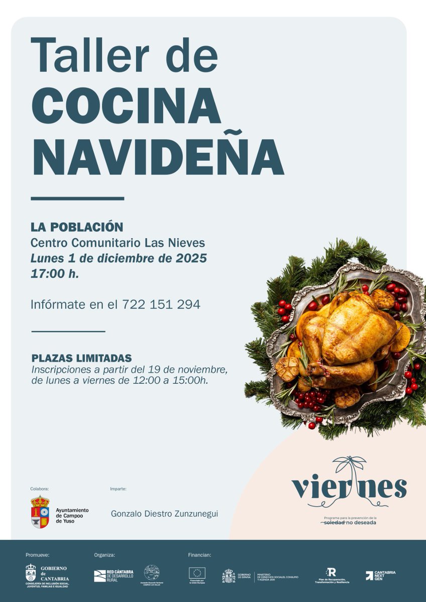 ProgramaViernes's tweet image. Abrimos inscripciones para los talleres de cocina navideña en #LaPoblación y #Mataporquera. Os esperamos el 1 y el 2 de diciembre para degustar los sabores de la Navidad. Más información en programaviernes.com. #CampooLosValles #SoledadNoDeseada #Prevención