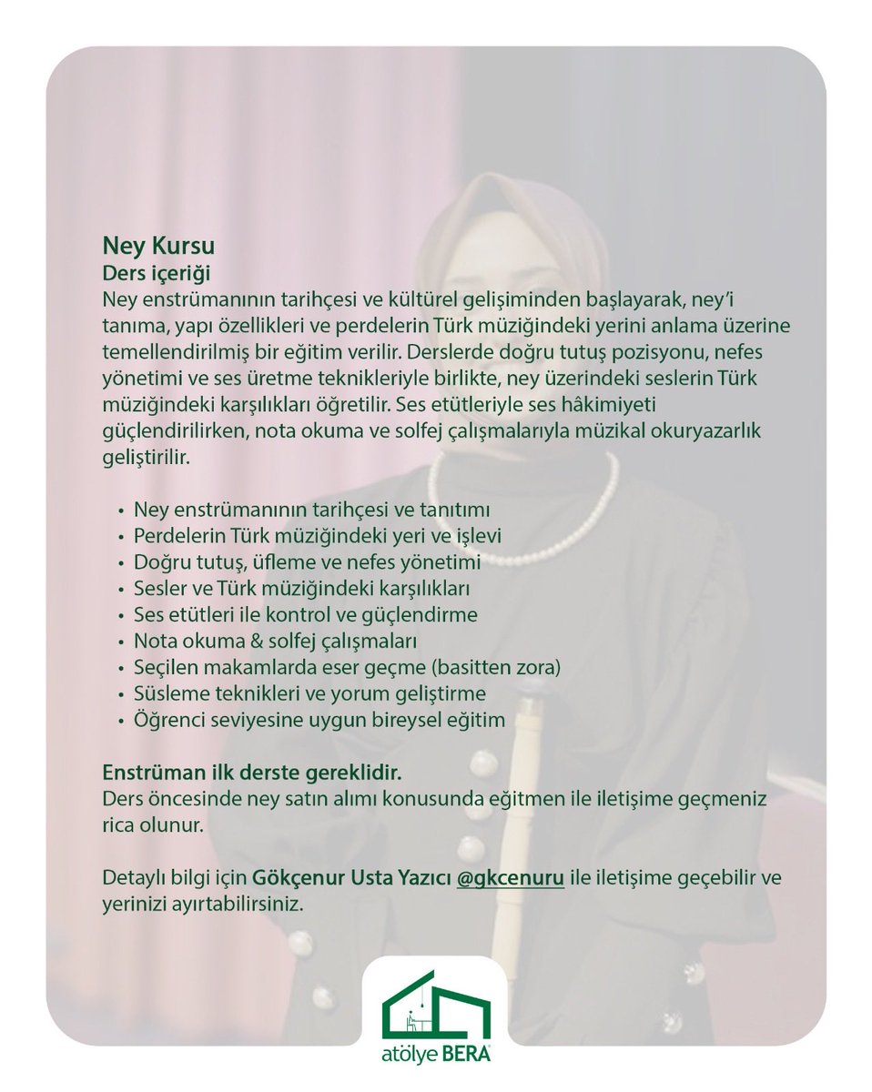 Ney eğitimi almak isteyenleri bekleriz efenimmm 🎶

📅 Her Perşembe 
🕖 18.00- 20.00
📍Üsküdar

Kayıt için benim ile iletişime geçebilirsiniz