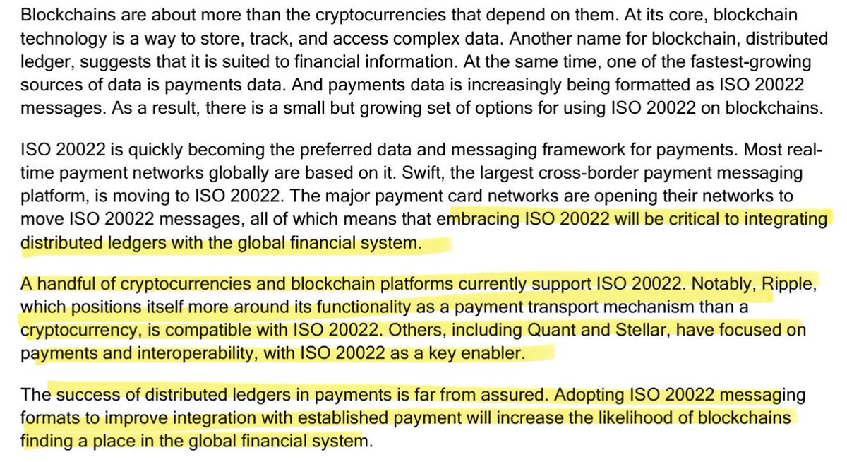 ‼️ ISO 20022 WILL BE CRITICAL FOR INTEGRATING DISTRIBUTED LEDGERS LIKE XRP, XLM, AND QNT WITH THE GLOBAL FINANCIAL SYSTEM‼️

“Adopting ISO 20022 messaging formats to improve integration with established payment will increase the likelihood of blockchains finding a place in the