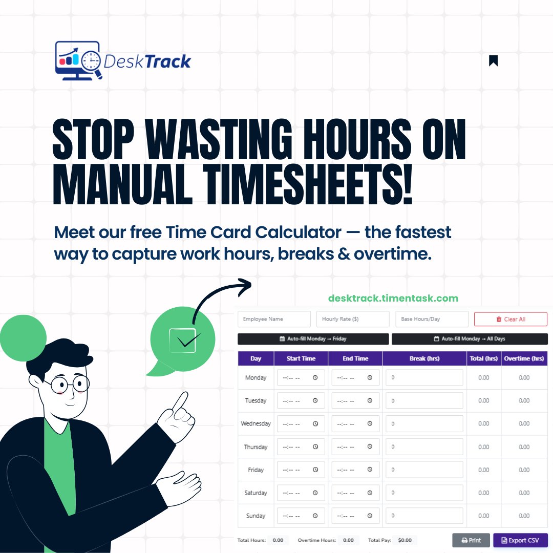 desk_track's tweet image. ⭐Stop wasting hours on manual timesheets!🕒

💼Use our Free Time Card Calculator for fast, accurate hour tracking.

Read More: shorturl.at/dVTG0
#TimeTracking #PayrollTools #DeskTrack