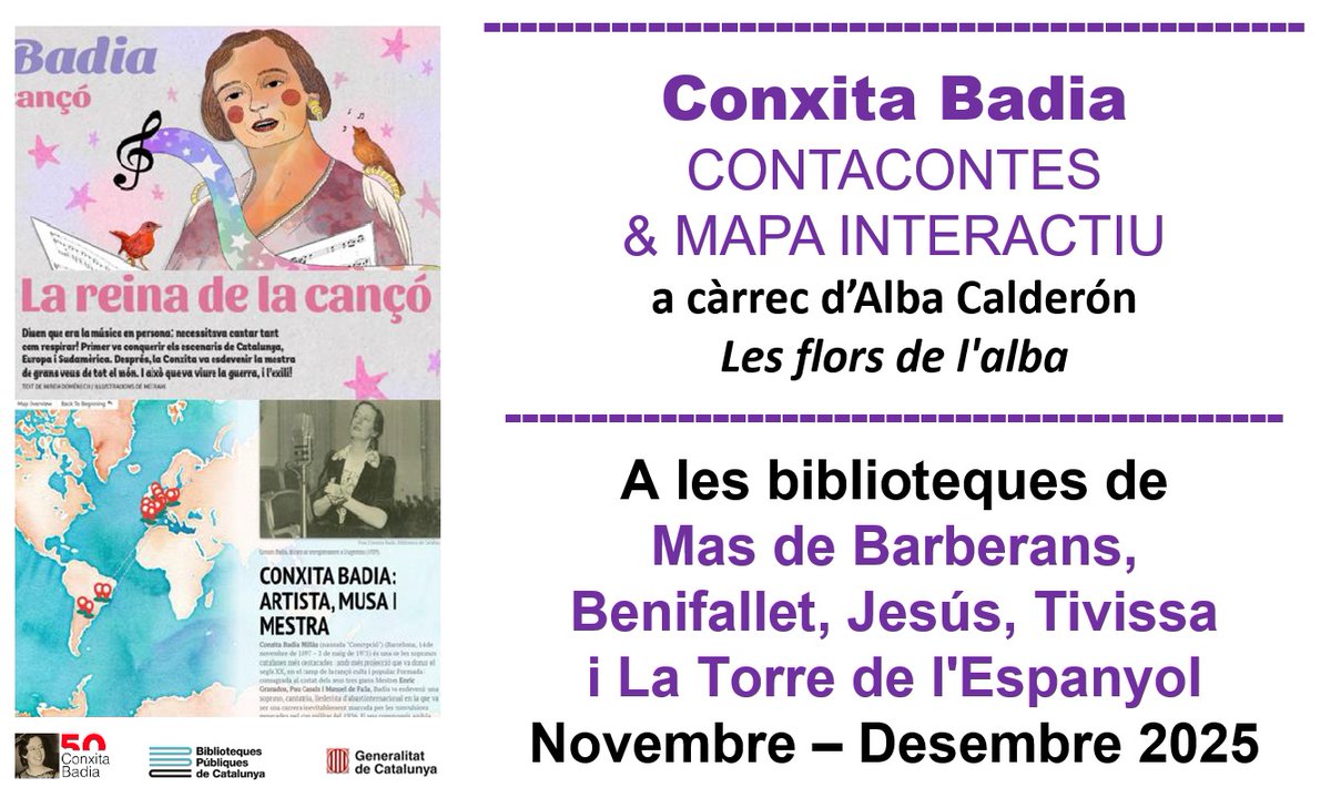 Avui a #biblioteca <a href="/MasdeBarberans/">Mas de Barberans</a> i #biblioteca <a href="/Benifallet/">Benifallet</a>!
Amb motiu de l'#AnyConxitaBadia les #BibliotequesEbre acullen activitats per a públic infantil amb el suport de <a href="/bibliotequescat/">Biblioteques</a> per difondre la figura d'aquesta rellevant cantant catalana de lieds.
<a href="/cultura_cat/">Cultura</a>