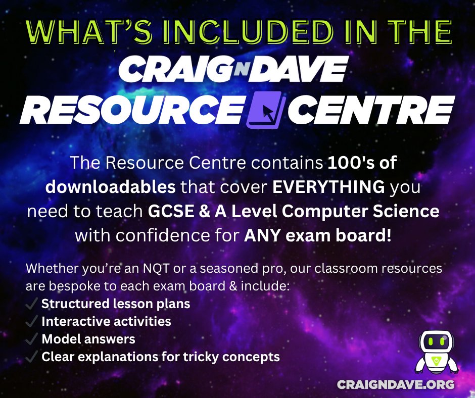 craigndave1's tweet image. 📚 Looking for a complete teaching companion for GCSE &amp;amp; A Level Computer Science?

The Craig’n’Dave Resource Centre has EVERYTHING you need!

Get your access here - craigndave.org/product/craig-…

#TeamCompSci #Craigndave #ResourceCentre