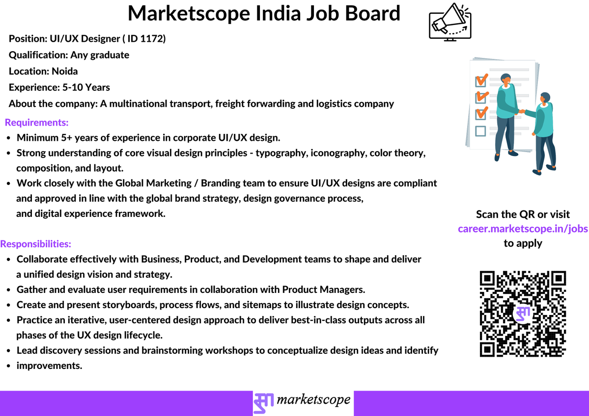Marketscope_IND's tweet image. Job Alert !!!
We are currently looking for candidates for an UI/UX DESIGNER for a multinational transport, freight forwarding and logistics company

Experience: 5-10 Years
Location: Noida

To apply please visit
career.marketscope.in/jobs
(Please search for ID 1172)

For more such…