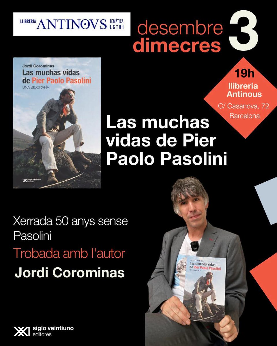 Dimecres 3 de desembre a les 19h.
Xerrada 50 anys sense Pasolini.
Las muchas vidas de Pier Paolo Pasolini trobada amb l'autor Jordi Corominas.