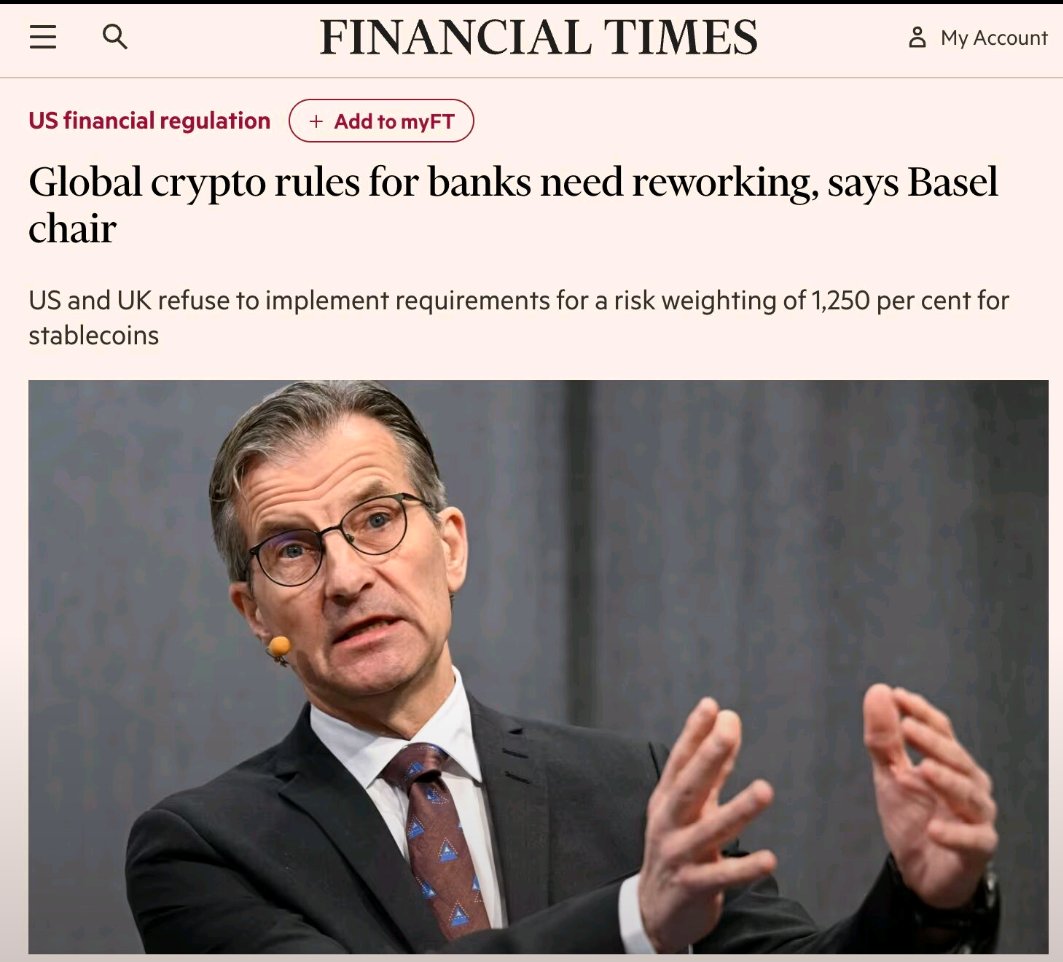 sytaylor's tweet image. WOW Basel Committee to rework 1,250% crypto capital rule after US and UK regulators refuse to implement it.

This will bring MANY more banks onchain 

😳

The Global Basel Committee has officially announced it is overhauling its crypto capital standards, signaling a massive shift…