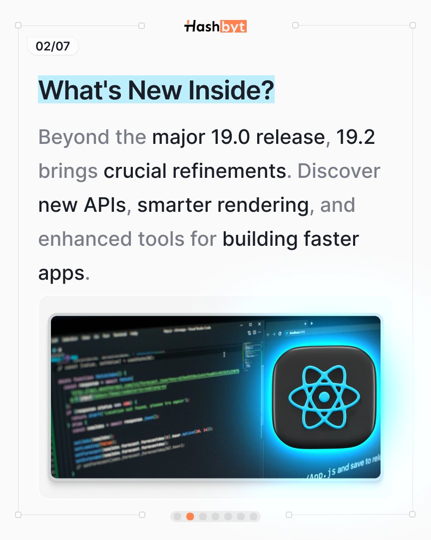 hashbyt's tweet image. React 19.2 brings smarter rendering, new APIs, and cleaner architecture
but the real win?
You get performance boosts without rewriting your entire app. 💨⚡

#ReactUpdate #ReactDev #WebPerformance #CodingLife #SaaSDev #DevCommunity